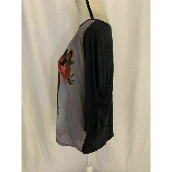 Zara WB Womens Black Purple Gray Floral Woman Print Long Sleeve Top Large - Picture 3 of 6